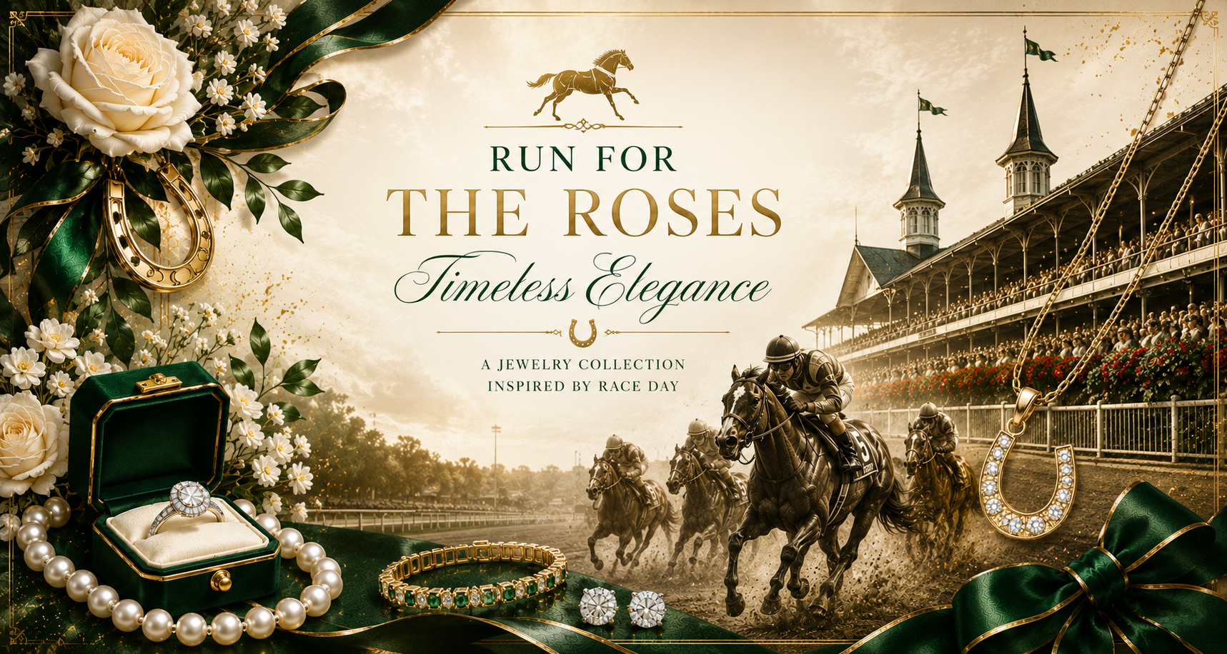 Run for the Roses — A Jewelry Collection Inspired by Race Day, featuring a diamond ring, pearl strand, emerald tennis bracelet, diamond stud earrings, and a gold diamond horseshoe pendant set against Churchill Downs.