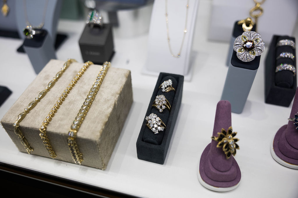 Estate rings and necklaces on display
