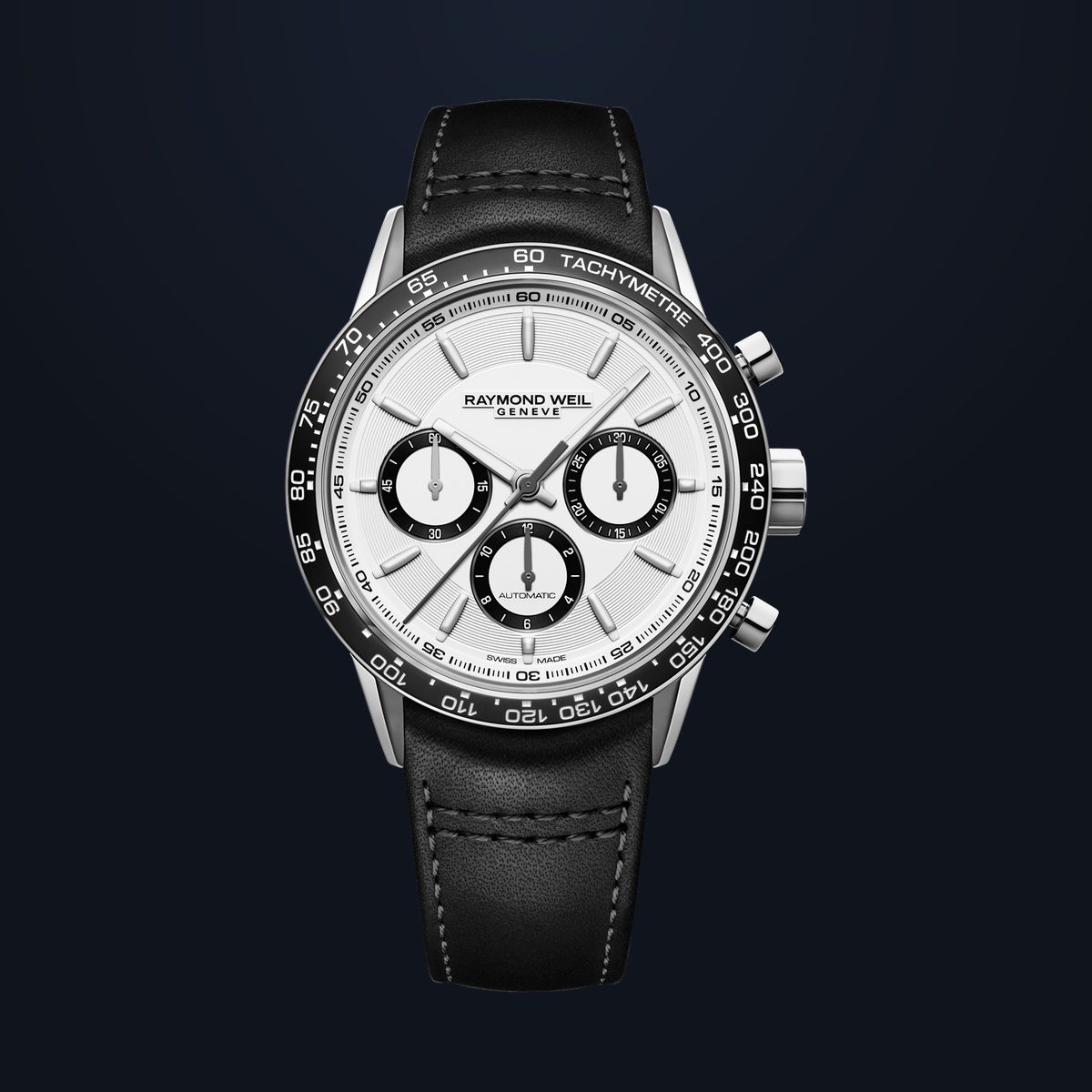 RAYMOND WEIL freelancer automatic chronograph, white dial with black tachymeter bezel on a black leather strap