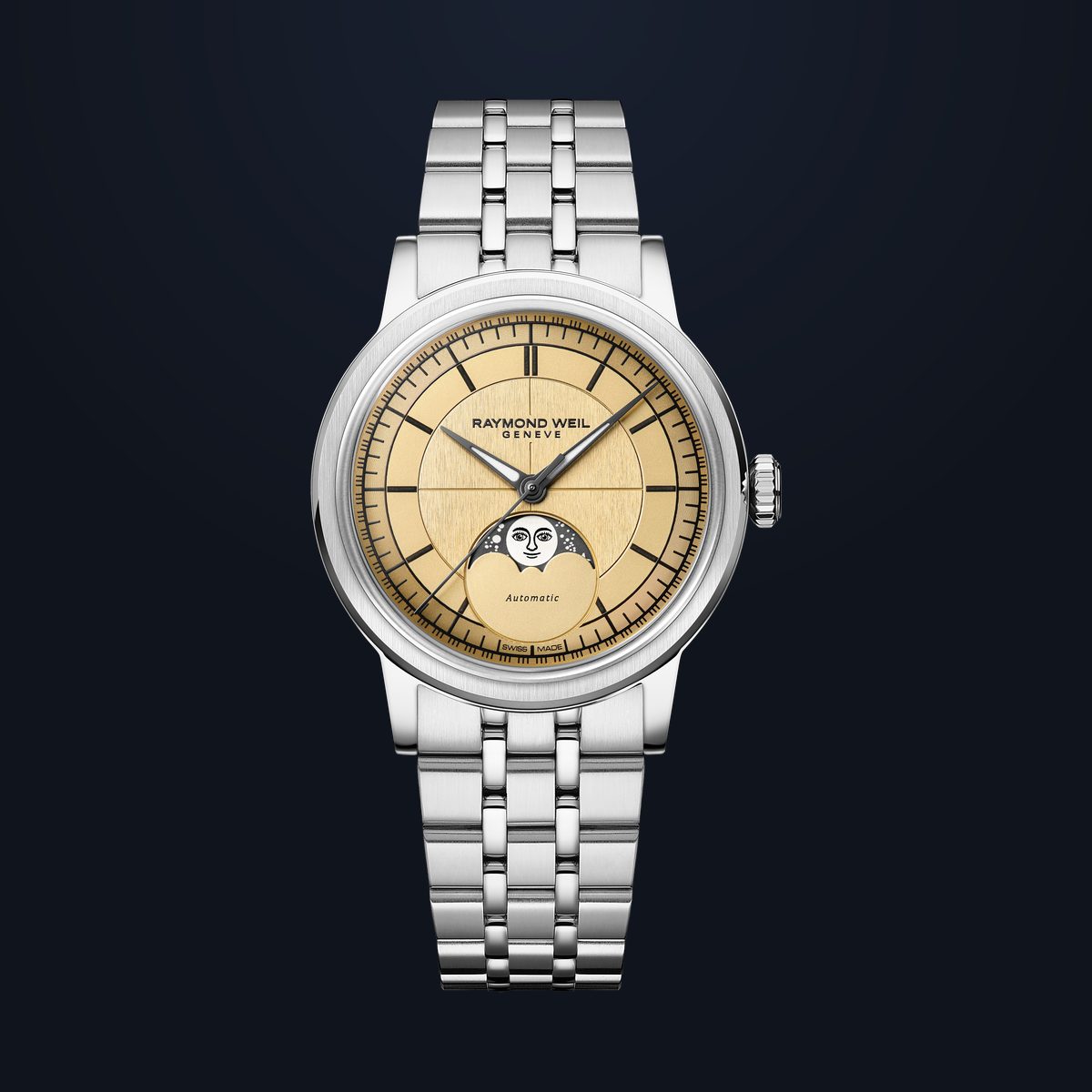 RAYMOND WEIL millesime automatic moonphase with champagne sector dial on a steel bracelet