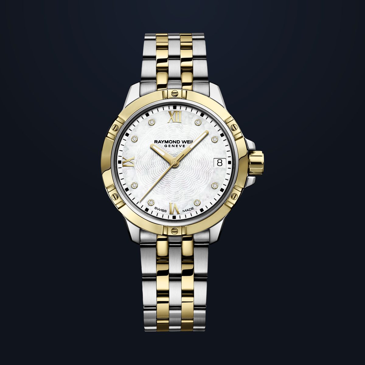RAYMOND WEIL tango two-tone steel and gold watch with diamond-set mother-of-pearl dial