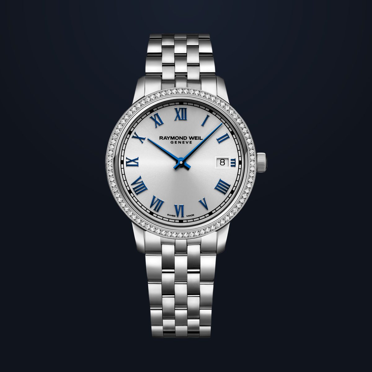 RAYMOND WEIL toccata with diamond-set bezel, silver dial and blue Roman numerals on a steel bracelet